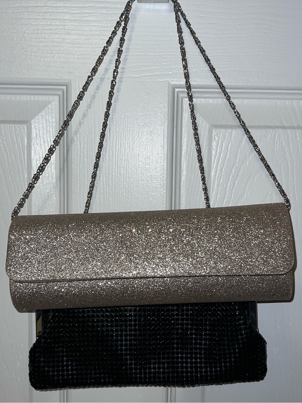 2pc Evening Clutch Purse Bundle Black Metal Mesh & Gold Glitter Chain Bags